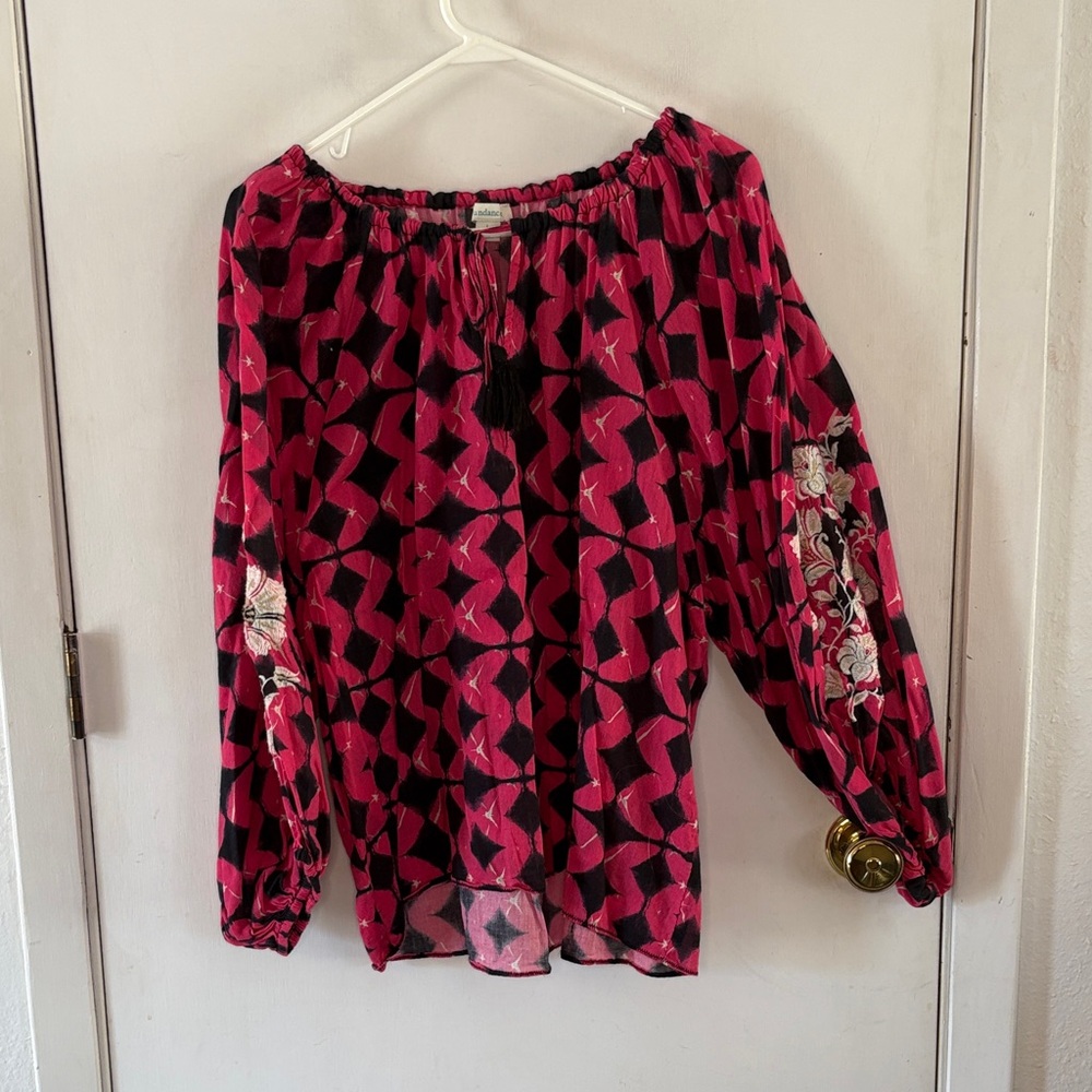 Sundance Hyacinth hot pink black batik embroidered peasant blouse top Size Large